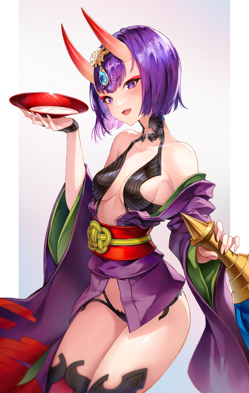 1girl absurdres alcohol bangs bare_shoulders barefoot_sandals blush bob_cut breasts commentary cowboy_shot cup eyeliner fangs fate/grand_order fate_(series) gourd grey_background headpiece highres holding holding_cup holding_gourd horns japanese_clothes kimono long_sleeves looking_at_viewer makeup medium_breasts minj_kim obi oni oni_horns open_clothes open_kimono open_mouth purple_eyes purple_hair purple_kimono revealing_clothes sakazuki sake sash shiny shiny_hair short_hair shuten_douji_(fate) simple_background skin-covered_horns smile solo thighhighs thighs two-tone_background white_background wide_sleeves