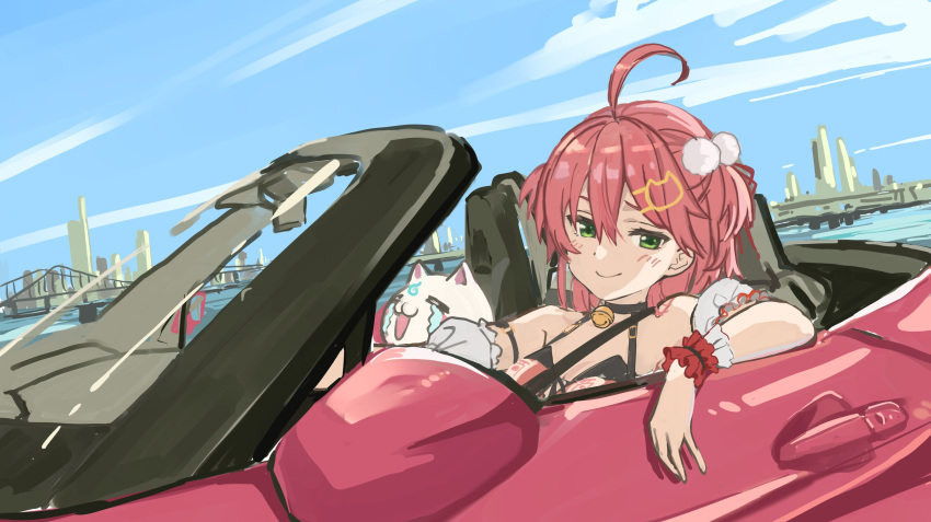 1girl :3 ahoge anno_masato bell blue_sky blush bridge building car cat cloud collar crying frills green_eyes ground_vehicle hair_ornament hairpin highres hololive looking_at_viewer medium_hair motor_vehicle pink_hair red_hair sakura_miko sketch sky skyscraper smile solo virtual_youtuber