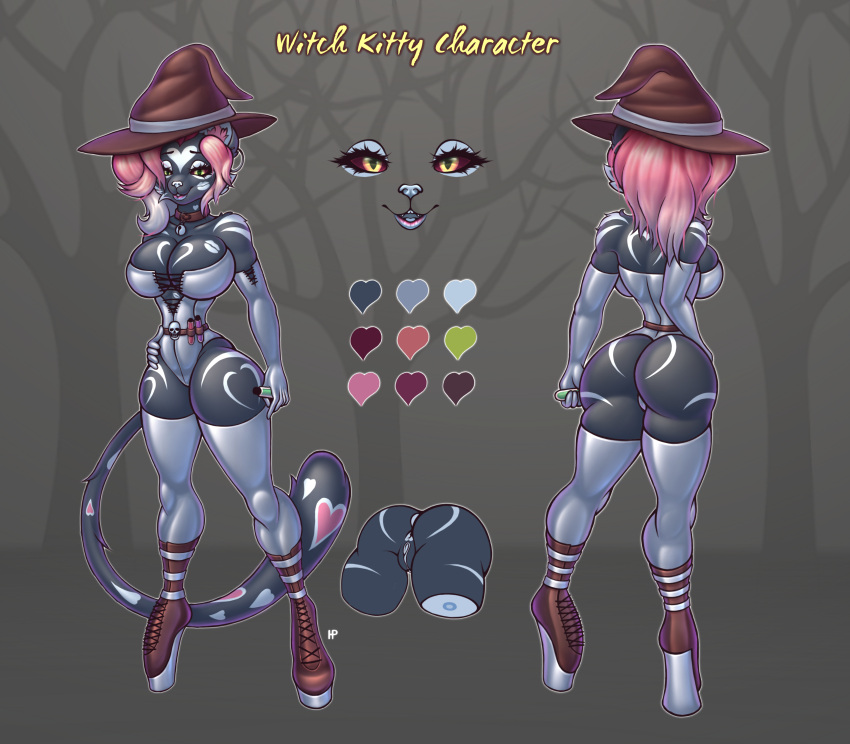 absurd_res adopted anthro big_breasts bimbofied boots breasts butt clothing domestic_cat felid feline felis female footwear hat headgear headwear hermitpioneer hi_res latex lips magic_user mammal model_sheet open_mouth rubber rubber_clothing rubber_suit solo witch