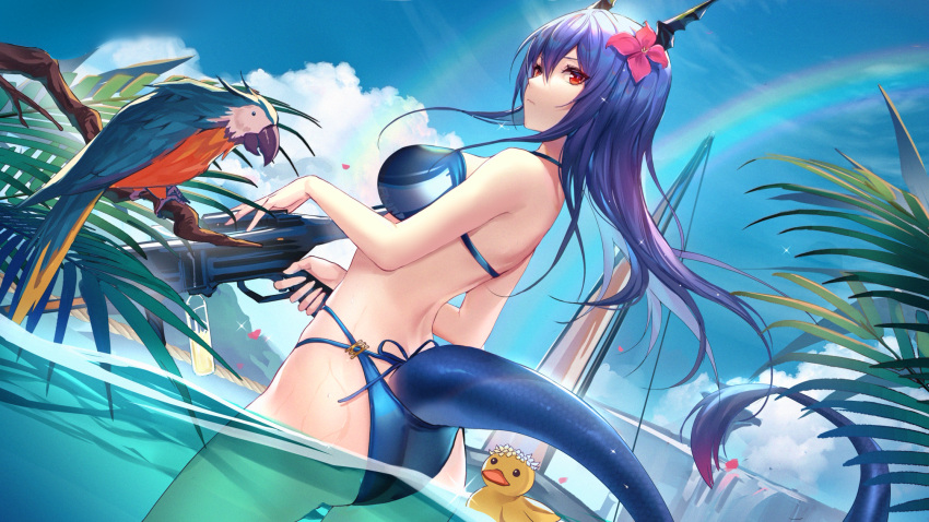 1girl arknights ass back bangs bare_arms bikini bird blue_bikini blue_hair blue_sky breasts ch'en_(arknights) ch'en_the_holungday_(arknights) closed_mouth cloud cowboy_shot day dragon_girl dragon_horns dragon_tail elite_ii_(arknights) floating_hair flower from_behind gun hair_between_eyes hair_flower hair_ornament halterneck highres holding holding_gun holding_weapon horns kernel_killer large_breasts long_hair looking_at_viewer macaw multi-strapped_bikini official_alternate_costume palm_leaf parrot pink_flower rainbow red_eyes revision rubber_duck sky solo standing swimsuit tail wading water weapon