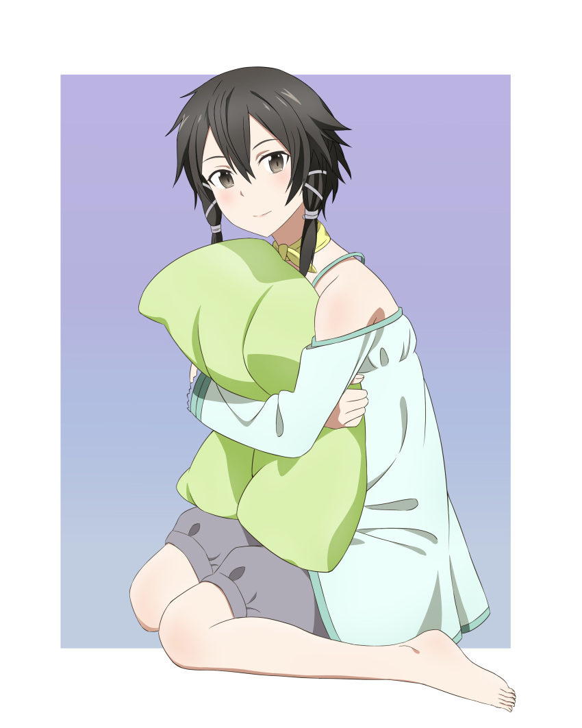 1girl absurdres asada_shino bangs bare_legs barefoot blue_shirt border brown_eyes brown_hair closed_mouth daichi777zz full_body grey_shorts hair_between_eyes hair_ribbon highres long_sleeves looking_at_viewer object_hug off-shoulder_shirt off_shoulder pillow pillow_hug purple_background ribbon shiny shiny_hair shirt short_hair_with_long_locks shorts sidelocks sitting sleepwear smile solo sword_art_online wariza white_border white_ribbon