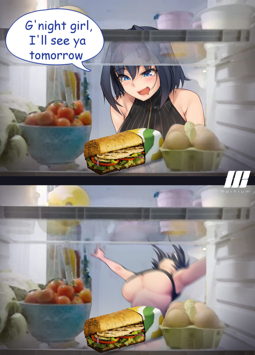 1girl blue_hair bread breasts drooling english_text falling food hair_intakes highres ho2nium hololive hololive_english in_container in_refrigerator large_breasts meme mouth_drool ouro_kronii refrigerator refrigerator_interior saliva sandwich shirt short_hair sleeveless sleeveless_shirt smile solo subway_(company) tank_top underboob virtual_youtuber zipper