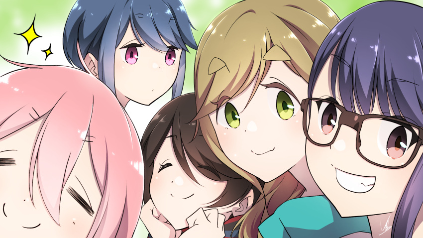 5girls ahoge bangs black-framed_eyewear blonde_hair blue_hair brown_hair closed_eyes fang glasses gradient gradient_background green_eyes grin hair_between_eyes hands_on_own_cheeks hands_on_own_face highres inuyama_aoi kagamihara_nadeshiko long_hair looking_at_viewer multiple_girls oogaki_chiaki pink_eyes pink_hair portrait purple_eyes purple_hair saitou_ena shima_rin short_hair signature skin_fang smile sparkle swept_bangs thick_eyebrows yasu_(pixiv) yurucamp