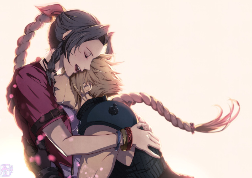 1boy 1girl aerith_gainsborough armor arms_around_back bangle bangs belt blonde_hair bracelet braid braided_ponytail breasts brown_gloves brown_hair choker closed_eyes cloud_strife cropped_jacket crying dress earrings final_fantasy final_fantasy_vii final_fantasy_vii_remake gloves hair_ribbon halu-ca highres hug jacket jewelry long_hair medium_breasts open_mouth parted_bangs pink_dress pink_ribbon red_jacket ribbon short_hair short_sleeves shoulder_armor sidelocks signature single_earring sleeveless sleeveless_turtleneck smile spiked_hair suspenders tears teeth turtleneck upper_body upper_teeth