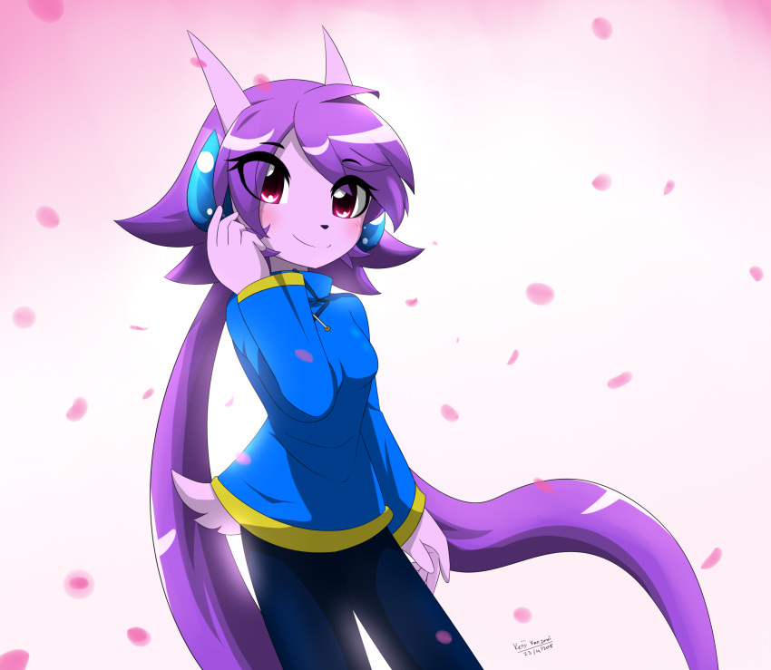 2018 5_fingers anthro blue_bottomwear blue_clothing blue_pants blue_shirt blue_topwear blush bottomwear casual_clothing clothing dated digital_media_(artwork) dragon female fingers flower_petals freedom_planet hi_res kenjikanzaki05 looking_at_viewer pants petals sash_lilac scalie shirt signature sleeves smile solo topwear video_games wingless_dragon