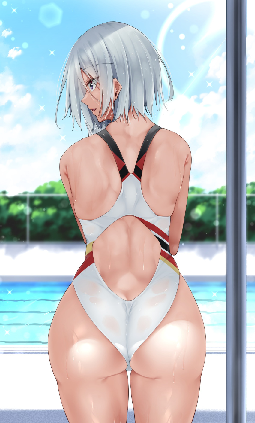 1girl absurdres ass azur_lane competition_swimsuit cowboy_shot flag_print highres looking_to_the_side one-piece_swimsuit open_mouth oriue_wato pool poolside purple_eyes short_hair solo swimsuit tirpitz_(azur_lane) wet