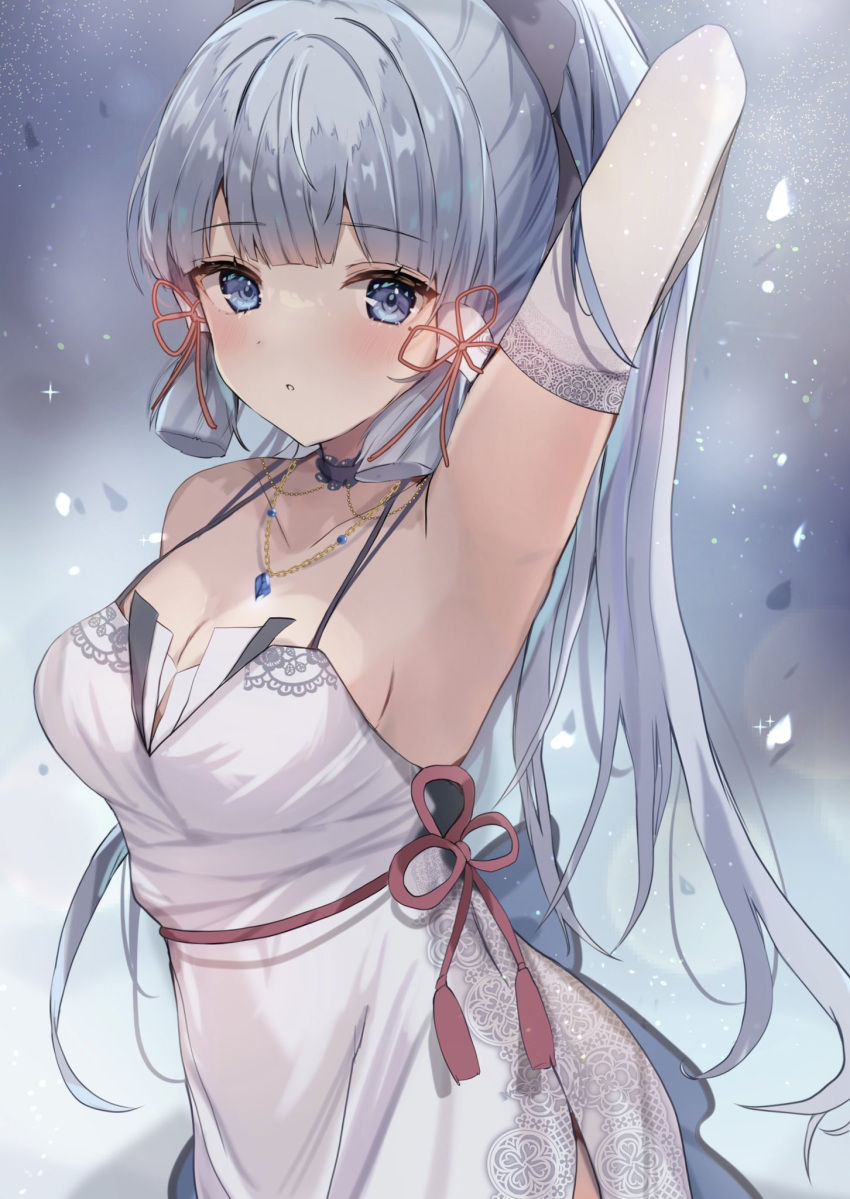 1girl :o alternate_costume armpits arms_up bangs blue_eyes blue_gemstone blue_hair blunt_bangs blush breasts cleavage elbow_gloves falling_petals flower_knot gem genshin_impact gloves hair_ribbon halterneck highres jewelry kamisato_ayaka large_breasts looking_at_viewer maruro necklace petals ponytail ribbon solo