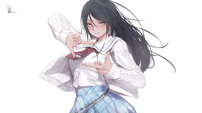 1girl belt black_hair bluecup breasts cardigan finger_frame grey_eyes highres hoshino_ichika_(project_sekai) long_hair looking_at_viewer necktie pleated_skirt project_sekai school_uniform simple_background skirt smile solo white_background