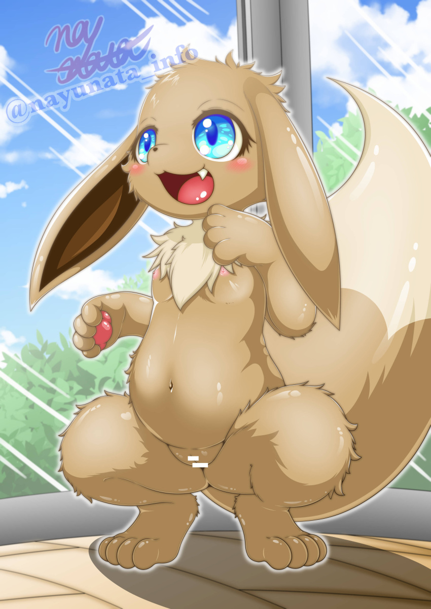 absurd_res anthro blue_eyes blush brown_body censored day eevee female flat_chested generation_1_pokemon genitals hi_res nayunata nintendo nipples outside pokemon pokemon_(species) pussy solo spread_legs spreading video_games young