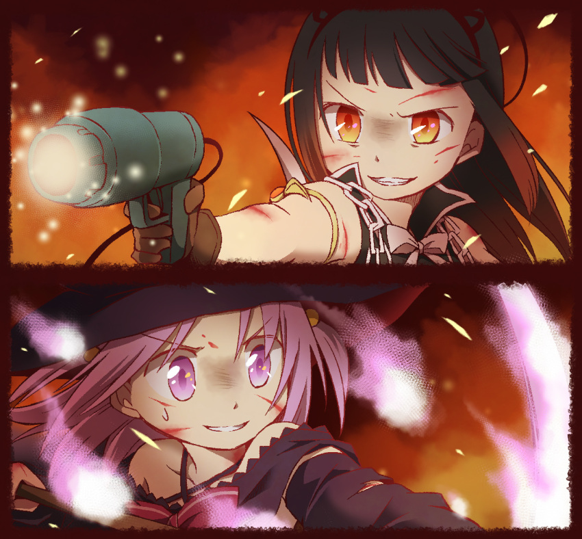 2girls anmitsu_(magenta) bangs black_cape black_hair black_headwear black_shirt blunt_bangs blush bow cape fire flamethrower gem gradient_hair grin hair_bobbles hair_ornament hair_rings hat injury magia_record:_mahou_shoujo_madoka_magica_gaiden magical_girl mahou_shoujo_madoka_magica medium_hair misono_karin multicolored_hair multiple_girls ooba_juri open_mouth parted_bangs parted_hair pink_ribbon purple_eyes purple_hair red_eyes ribbon shirt smile star_(symbol) two_side_up weapon witch_hat yellow_gemstone