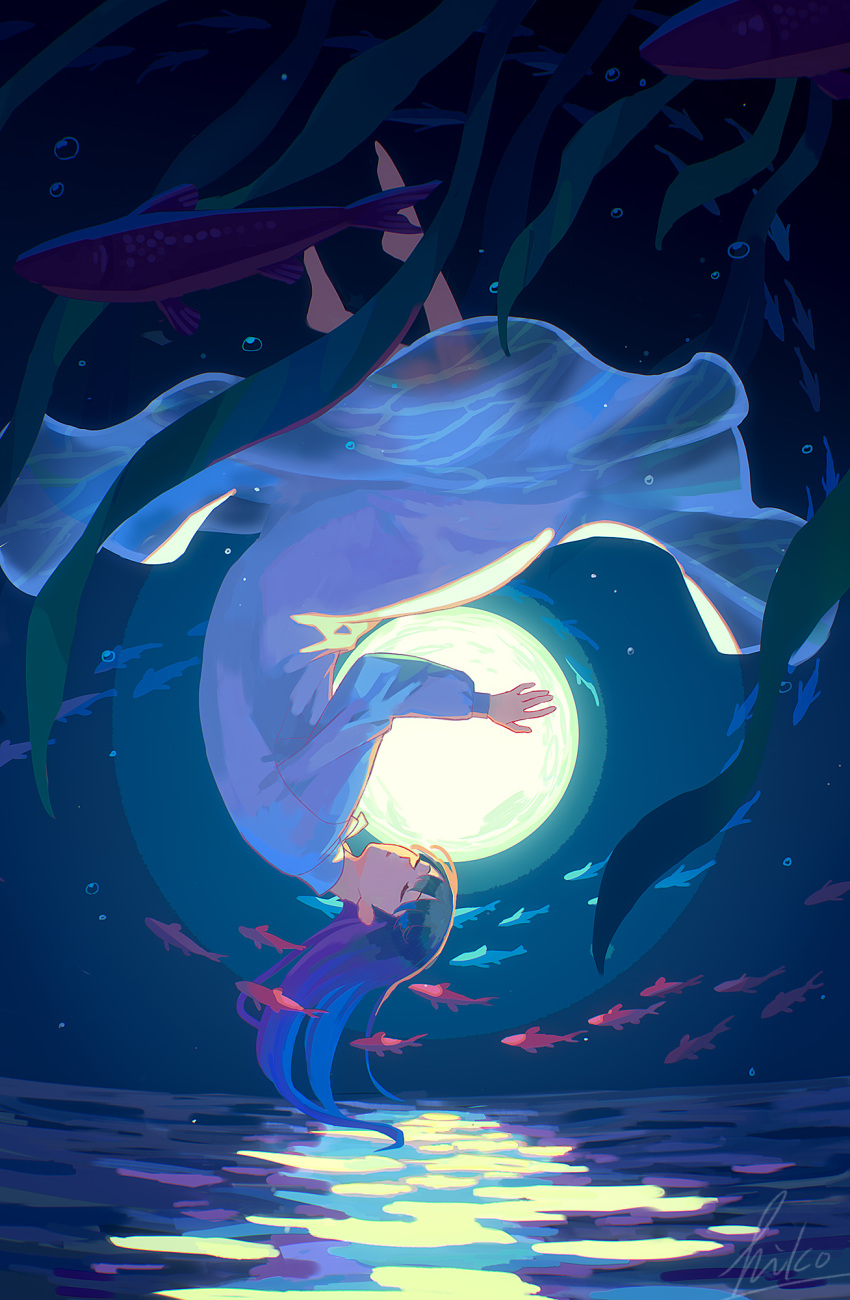 1girl dress fish floating highres hiko_(scape) holding long_hair moon moon_reflection night night_sky original reflection sky surreal water white_dress