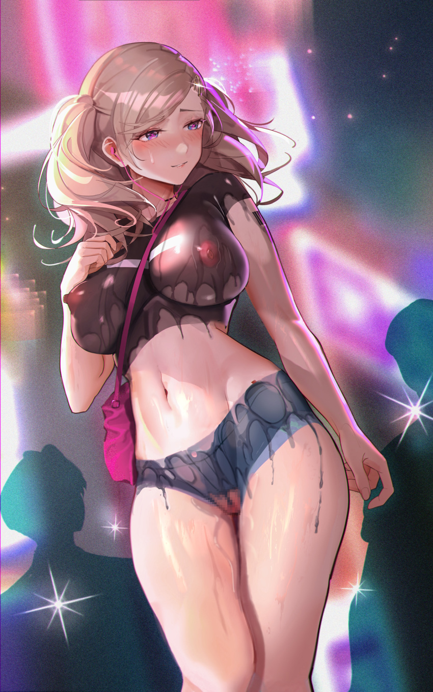 1girl 7lark bag blush bodypaint breasts censored completely_nude exhibitionism hair_ornament hairclip handbag heart heart-shaped_pupils highres long_hair mosaic_censoring navel nipples nude outdoors persona persona_5 public_indecency pussy_juice smile solo symbol-shaped_pupils takamaki_anne twintails