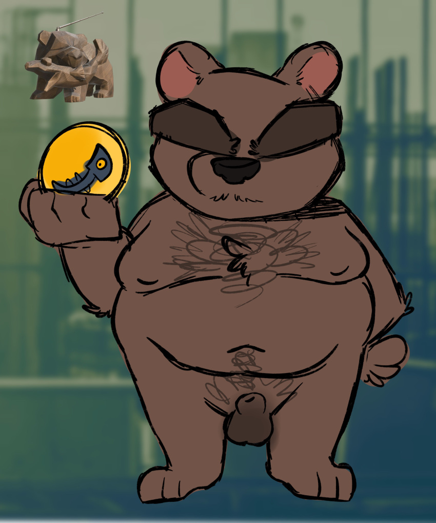 absurd_res animal_genitalia anthro anthrofied balls belly body_hair brown_body brown_fur chest_hair eyebrows fupa fur genitals hi_res male mammal mr._grizz navel nintendo nipples nude overweight salamikii sheath solo splatoon thick_eyebrows ursid video_games