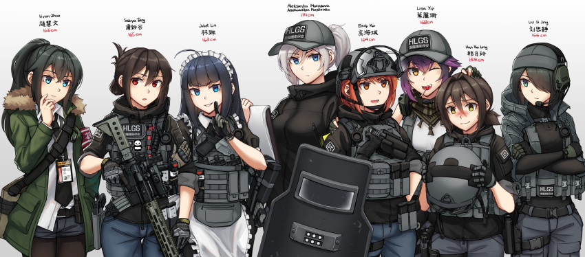 6+girls :d ;d absurdres ahoge aleksandra_morozova apron assault_rifle bangs baseball_cap black_dress black_gloves black_hair black_necktie black_pantyhose black_shirt black_shorts blue_eyes blue_pants breasts brown_eyes brown_gloves brown_hair bullpup candy character_name closed_mouth collared_dress collared_shirt commentary_request crossed_arms dress emily_ko fn_f2000 folded_ponytail food food_in_mouth frilled_apron frills glock gloves goggles goggles_on_head gradient gradient_background green_jacket grey_background grey_gloves grey_headwear gun hair_between_eyes hair_over_one_eye han_yue_ling hand_on_another's_head handgun hat headphones headset height helmet highres holding holding_gun holding_helmet holding_weapon index_finger_raised jacket juliet_lin legwear_under_shorts lisa_yip liu_si_jing lollipop long_hair looking_at_viewer lr-300 maid maid_headdress medium_breasts multiple_girls ndtwofives necktie one_eye_closed open_clothes open_jacket open_mouth original pants pantyhose parted_lips partially_fingerless_gloves ponytail puffy_short_sleeves puffy_sleeves purple_eyes red_eyes revision rifle shirt short_shorts short_sleeves shorts smile suzuya_tang vivian_zhao weapon white_apron white_background white_shirt