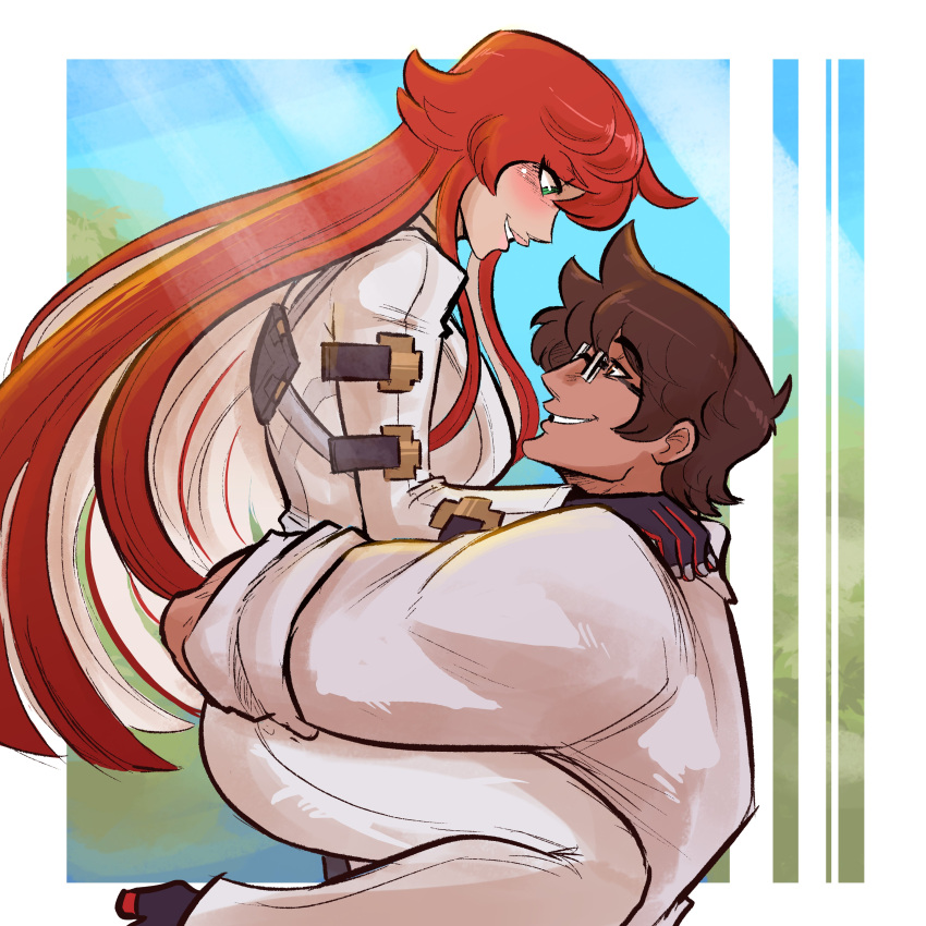 absurdres ass brown_hair couple glasses gloves guilty_gear guilty_gear_strive highres hug huge_ass husband_and_wife jack-o'_valentine labcoat multicolored_hair red_hair scruffyturtles sol_badguy white_hair