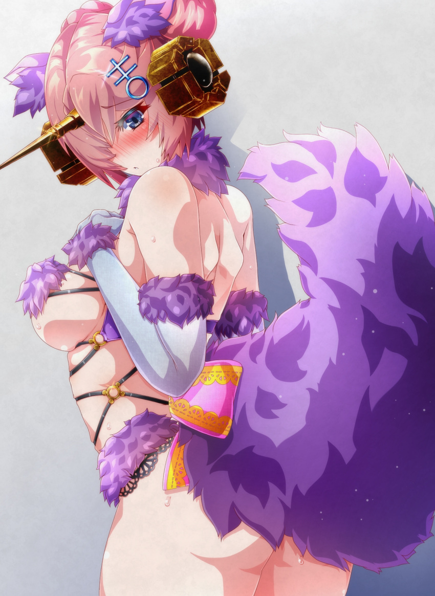 1girl animal_ears ass blue_eyes breasts cosplay double_bun elbow_gloves fate/grand_order fate_(series) frankenstein's_monster_(fate) frankenstein's_monster_(swimsuit_saber)_(fate) fur-trimmed_gloves fur-trimmed_legwear fur_bikini fur_collar fur_trim gloves hair_bun hair_over_one_eye halloween_costume highres horns mash_kyrielight mash_kyrielight_(dangerous_beast) mash_kyrielight_(dangerous_beast)_(cosplay) mechanical_horns medium_breasts mrtakenoko o-ring o-ring_top pink_hair purple_gloves purple_tail revealing_clothes single_horn solo tail wolf_ears wolf_tail