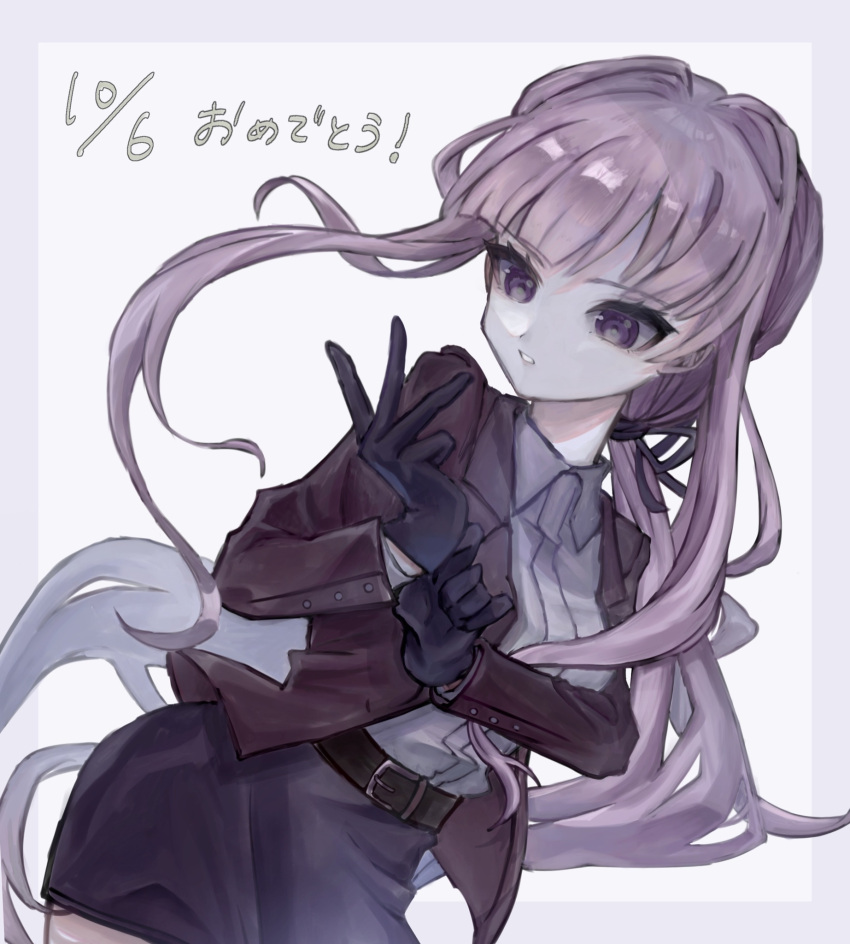 1girl bangs belt black_belt black_gloves black_ribbon black_skirt collared_shirt danganronpa_(series) danganronpa_3_(anime) gloves grey_background grey_shirt hair_ribbon hand_up highres jacket kirigiri_kyouko long_hair official_alternate_costume official_alternate_hairstyle open_clothes open_jacket parted_lips pink_hair purple_eyes raru_(mqwmguqjc74hecq) ribbon shiny shiny_hair shirt shirt_tucked_in simple_background skirt solo teeth translation_request