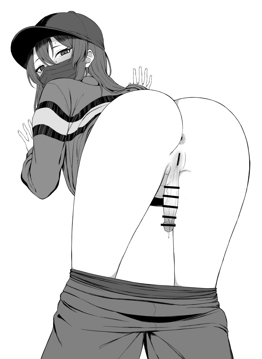 1girl absurdres against_wall anus ass bar_censor baseball_cap censored clothes_pull erection from_behind futanari greyscale hair_between_eyes hat highres intravaginal_futanari kantai_collection long_hair long_sleeves looking_at_viewer looking_back mask monochrome mouth_mask pants pants_pull penis pussy simple_background solo takaman_(gaffe) white_background zuikaku_(kancolle)