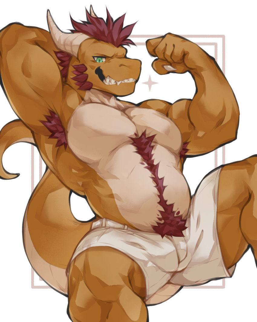 absurd_res anthro armpit_hair blue_eyes body_hair countershading dragon dripping flexing flexing_bicep flunky grin hair happy_trail hi_res horn male muscular orange_body pecs red_hair red_spikes simple_background smile solo tan_body tan_countershading tan_horns