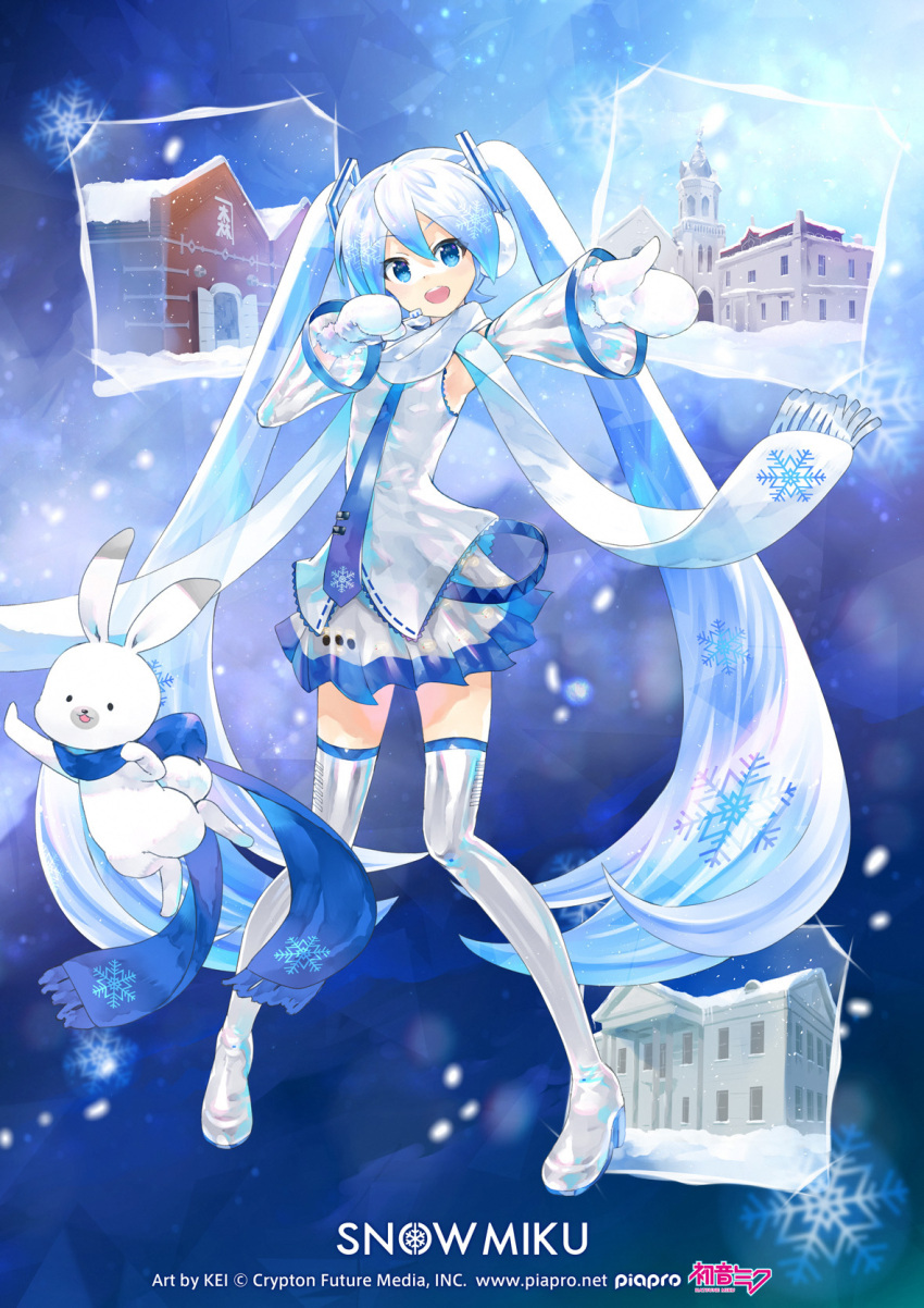 1girl blue_background blue_eyes blue_hair blue_necktie blue_scarf boots building character_name commentary detached_sleeves earmuffs full_body grey_skirt grey_sleeves grey_thighhighs hair_ornament hands_up hatsune_miku headset high_heels highres kei_(keigarou) light_blue_hair logo long_hair looking_at_viewer mittens necktie official_art open_mouth outstretched_arm rabbit rabbit_yukine scarf second-party_source shiny shiny_clothes shirt skirt sleeveless sleeveless_shirt smile snowflake_background snowflake_print snowflakes thigh_boots thighhighs twintails upper_body very_long_hair vocaloid white_mittens white_scarf white_shirt yuki_miku yuki_miku_(2011)