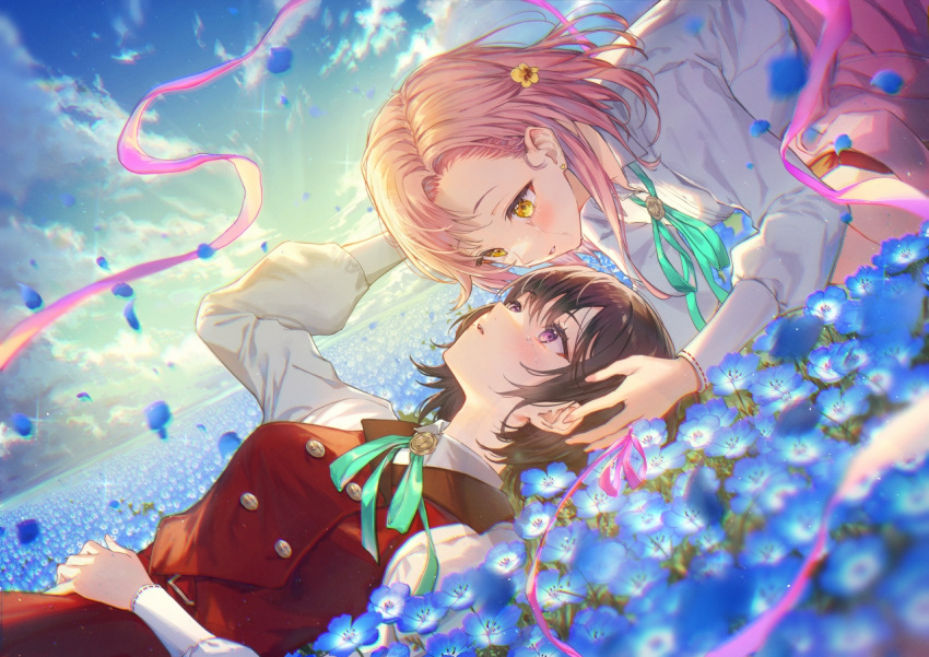 2girls aqua_ribbon bangs belt blue_flower blush brown_hair cloud crying earrings field flower flower_field hair_flower hair_ornament hand_in_another's_hair hand_on_own_stomach haru_(hiyori-kohal) heart heart_earrings horizon jewelry long_hair long_sleeves looking_at_another multiple_girls nemophila_(flower) original petals pink_hair pink_ribbon purple_eyes ribbon shirt short_hair sky sunlight tears white_shirt yellow_eyes yellow_flower yuri