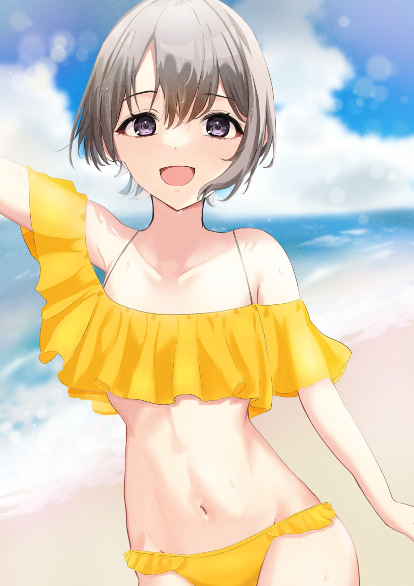 1girl :d absurdres beach bikini cloud collarbone frilled_bikini frills grey_eyes grey_hair highres idolmaster idolmaster_cinderella_girls looking_at_viewer navel off-shoulder_bikini off_shoulder open_mouth otokura_yuuki sand short_hair sky smile solo stomach swimsuit water yuukura_yuu