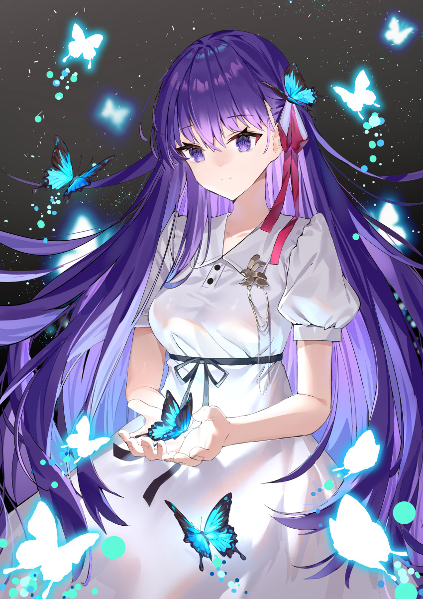 1girl absurdres black_ribbon blue_bow bow breasts buttons closed_mouth collar dress fate/stay_night fate_(series) highres long_dress long_hair matou_sakura medium_breasts pink_ribbon purple_eyes purple_hair ribbon short_sleeves simple_background white_dress yuia