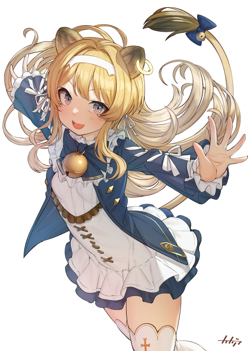 1girl animal_ears arpeggio_kaga bangs bell blonde_hair cowboy_shot dress from_above hairband highres jingle_bell lion_ears lion_girl lion_tail long_hair long_sleeves looking_at_viewer multicolored_eyes noripro open_hands open_mouth outstretched_arms regrush_lionheart short_dress simple_background smile solo swept_bangs tail tail_bell tail_ornament thighhighs virtual_youtuber white_background zettai_ryouiki