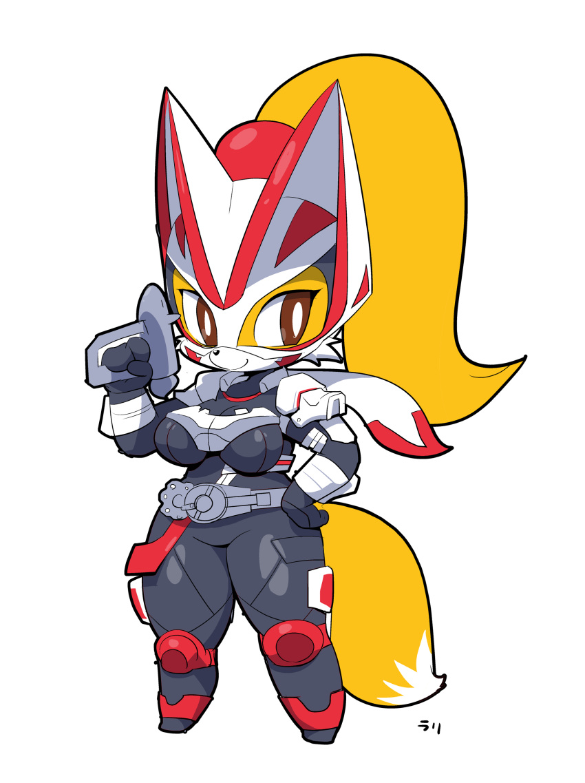 absurd_res anthro armor belt bikusen blonde_hair bodysuit breasts brown_eyes canid canine chibi clothed clothing cosplay female fluffy fluffy_tail fox fur gun hair hand_on_hip headgear helmet hi_res holding_gun holding_object holding_weapon kamen_rider kamen_rider_geats kemono mammal ponytail ranged_weapon simple_background skinsuit smile solo tight_clothing weapon white_background wide_hips woory yellow_body yellow_fur