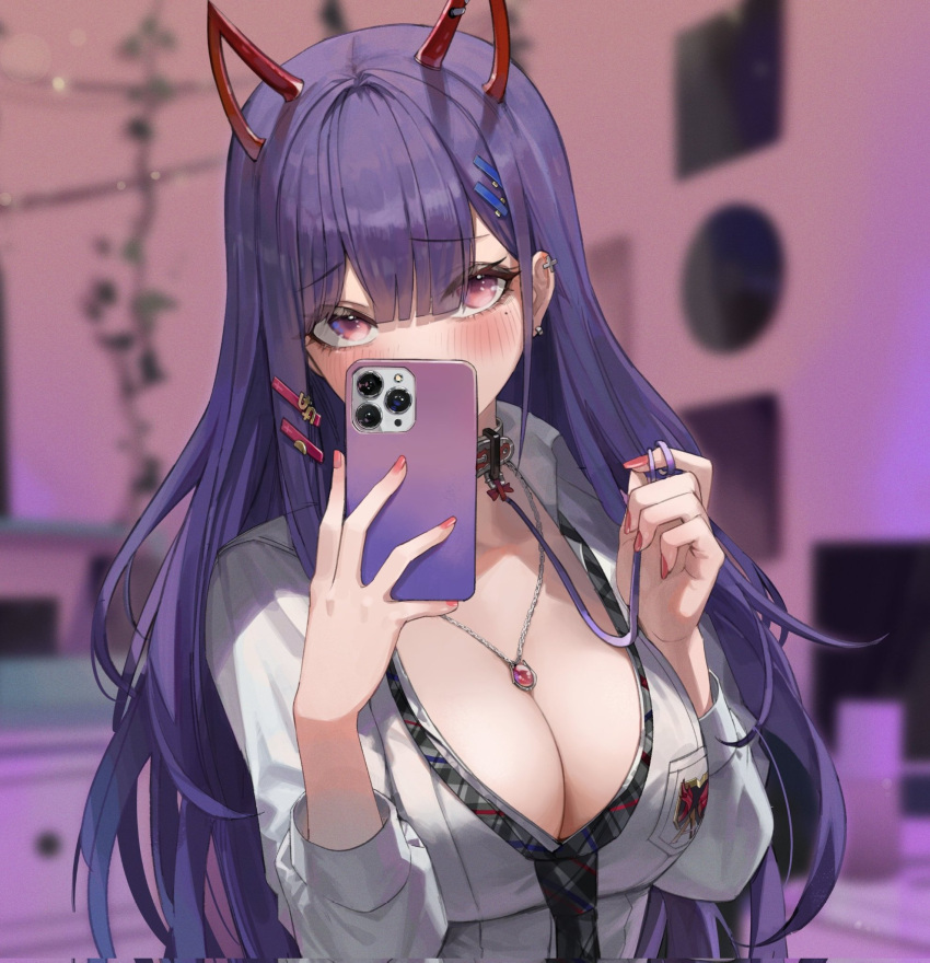 1girl akuma_nihmune bangs black_necktie blunt_bangs blurry blurry_background blush breast_squeeze breasts choker cleavage commentary cropped demon_horns earrings fake_horns grey_choker highres holding holding_phone horns huge_breasts indie_virtual_youtuber indoors jewelry long_hair looking_at_viewer maenoo necklace necktie phone pink_nails purple_eyes purple_hair selfie shirt solo standing symbol-only_commentary upper_body virtual_youtuber white_shirt