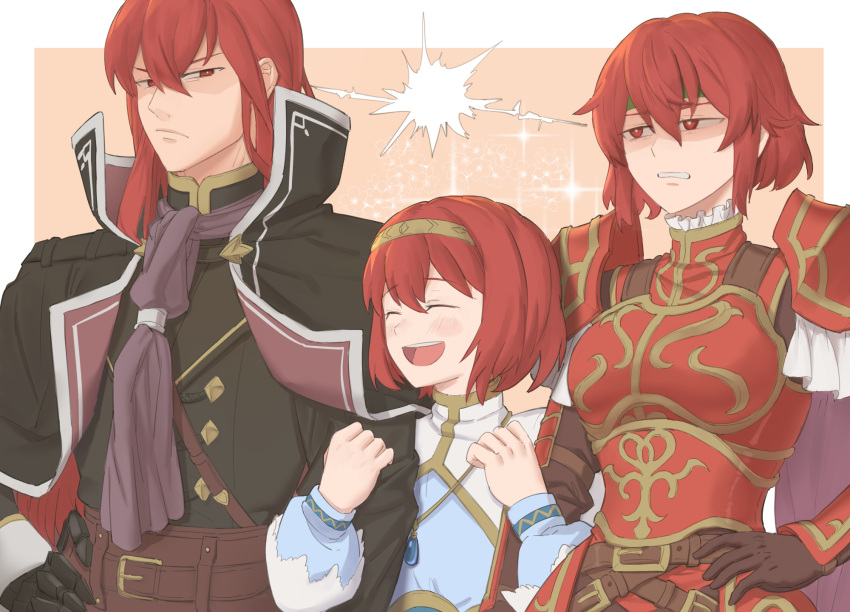 1boy 2girls :d angry arm_hug armor belt brother_and_sister brown_gloves clenched_teeth closed_eyes coat disgust dress ebinku fire_emblem fire_emblem:_mystery_of_the_emblem fire_emblem:_shadow_dragon frown gauntlets glaring gloves green_headband hairband headband highres looking_at_another maria_(fire_emblem) medium_hair michalis_(fire_emblem) minerva_(fire_emblem) multiple_girls open_mouth pink_background red_armor red_eyes red_hair scowl shaded_face short_hair siblings simple_background sisters smile teeth turtleneck_dress upper_body v-shaped_eyebrows white_dress