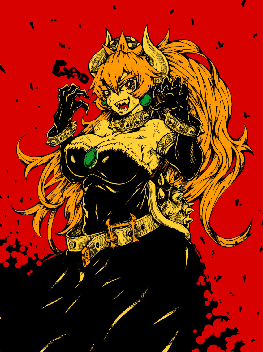 1girl absurdres armlet belt black_collar black_dress black_leotard bowser bowsette bracelet breasts collar dark_skin dress earrings fingernails highres horns jewelry leotard long_hair looking_at_viewer mario_(series) muscular nehitsuji_(syatihokoga) new_super_mario_bros._u_deluxe nintendo one_eye_closed orange_hair red_background red_eyes scar sharp_fingernails sharp_teeth solo spiked_armlet spiked_bracelet spiked_collar spiked_shell spikes strapless strapless_dress strapless_leotard super_crown teeth turtle_shell