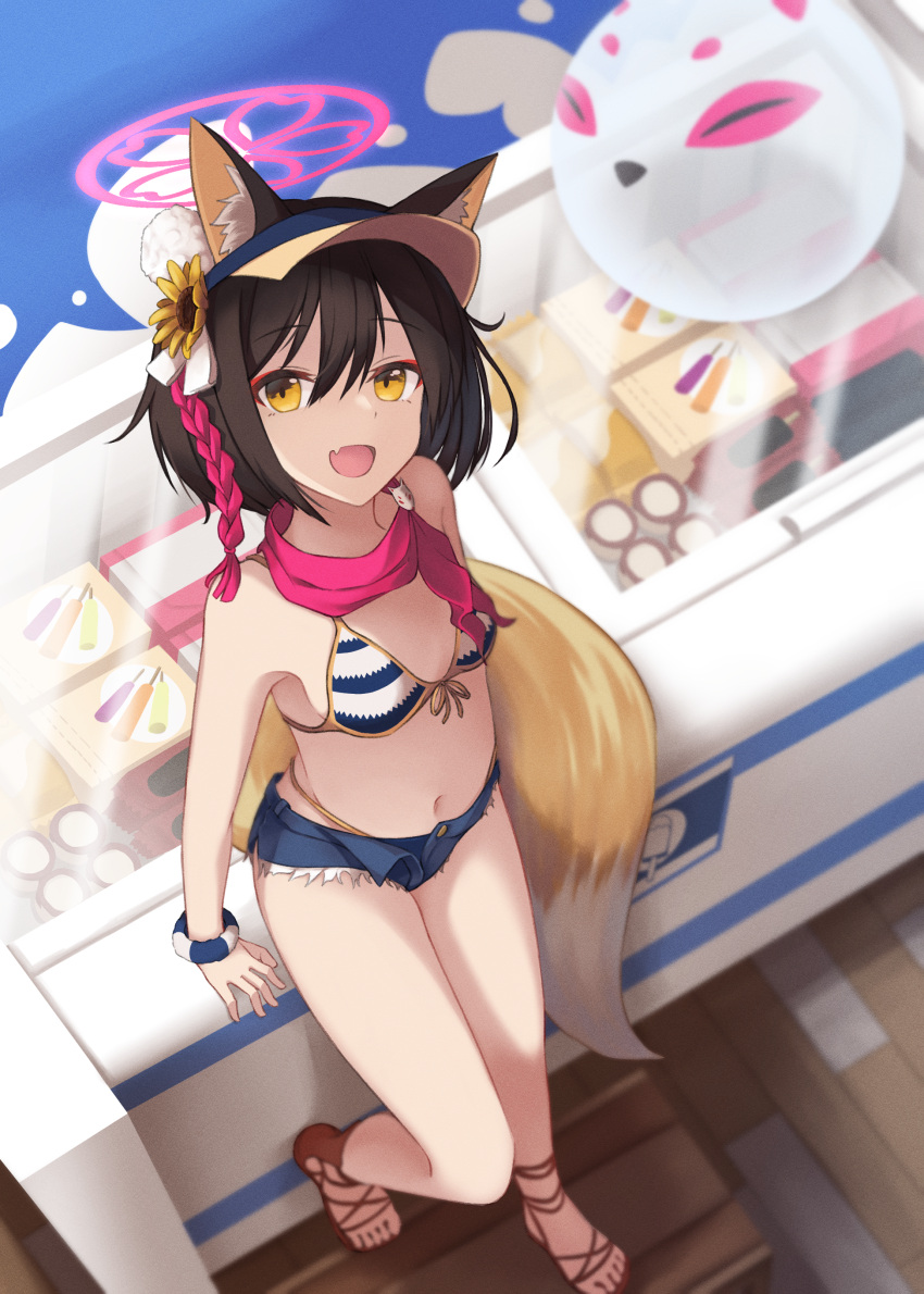 absurdres animal_ear_fluff animal_ears bikini bikini_under_clothes blue_archive breasts brown_eyes brown_hair commentary cutoffs denim denim_shorts feet flower fox_ears fox_girl fox_tail freezer from_above hair_flower hair_ornament halo highres izuna_(blue_archive) legs looking_at_viewer looking_up navel open_mouth ringo_no_ame-san sandals short_hair short_shorts shorts sitting small_breasts smile striped striped_bikini swimsuit tail thighs toes visor_cap