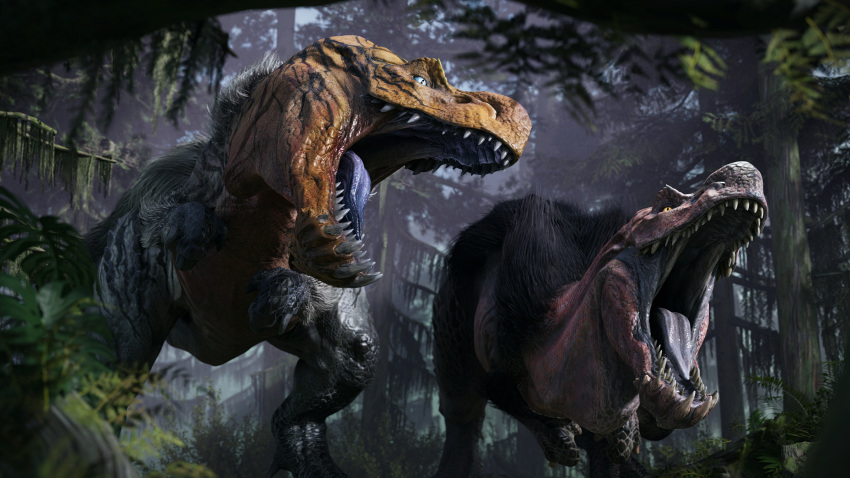 16:9 2022 3d_(artwork) 4k absurd_res ambiguous_gender anjanath black_hair blue_eyes brute_wyvern capcom claws detailed_background digital_media_(artwork) dinosaur duo evergreen_tree feral fog forest fulgur_anjanath fur grey_body grey_scales hair hi_res ivorylagiacrus looking_at_another monster_hunter multicolored_body multicolored_scales open_mouth orange_body orange_scales outside pine_tree plant pupils red_body red_scales reptile roaring scales scalie sharp_teeth slit_pupils teeth theropod tongue tree video_games white_hair widescreen yellow_eyes