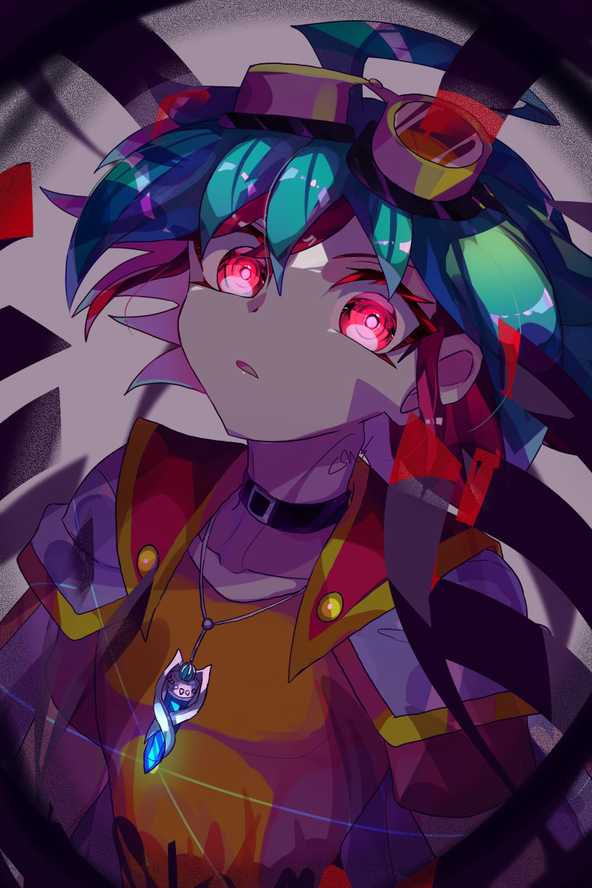 1boy absurdres ahoge bangs cosmos_mrst dyed_bangs glowing glowing_eyes goggles goggles_on_head green_hair hair_between_eyes highres jacket jacket_on_shoulders jewelry looking_at_viewer male_focus multicolored_hair open_clothes pendant red_eyes red_hair sakaki_yuuya short_hair solo two-tone_hair upper_body wide-eyed yu-gi-oh! yu-gi-oh!_arc-v