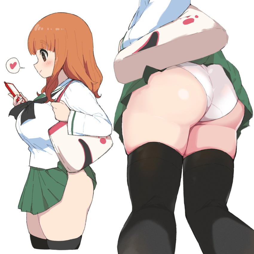 1girl ass bag bangs black_thighhighs blunt_bangs blush brown_hair cellphone closed_mouth clothes_lift commentary_request girls_und_panzer green_sailor_collar green_skirt heart highres holding holding_phone long_hair long_sleeves multiple_views ooarai_school_uniform orange_hair panties phone pleated_skirt sailor_collar school_uniform serafuku shirt shoulder_bag simple_background skirt skirt_lift smartphone smile spoken_heart takebe_saori thighhighs thighs underwear wardrobe_error white_background white_panties white_shirt yabai_gorilla