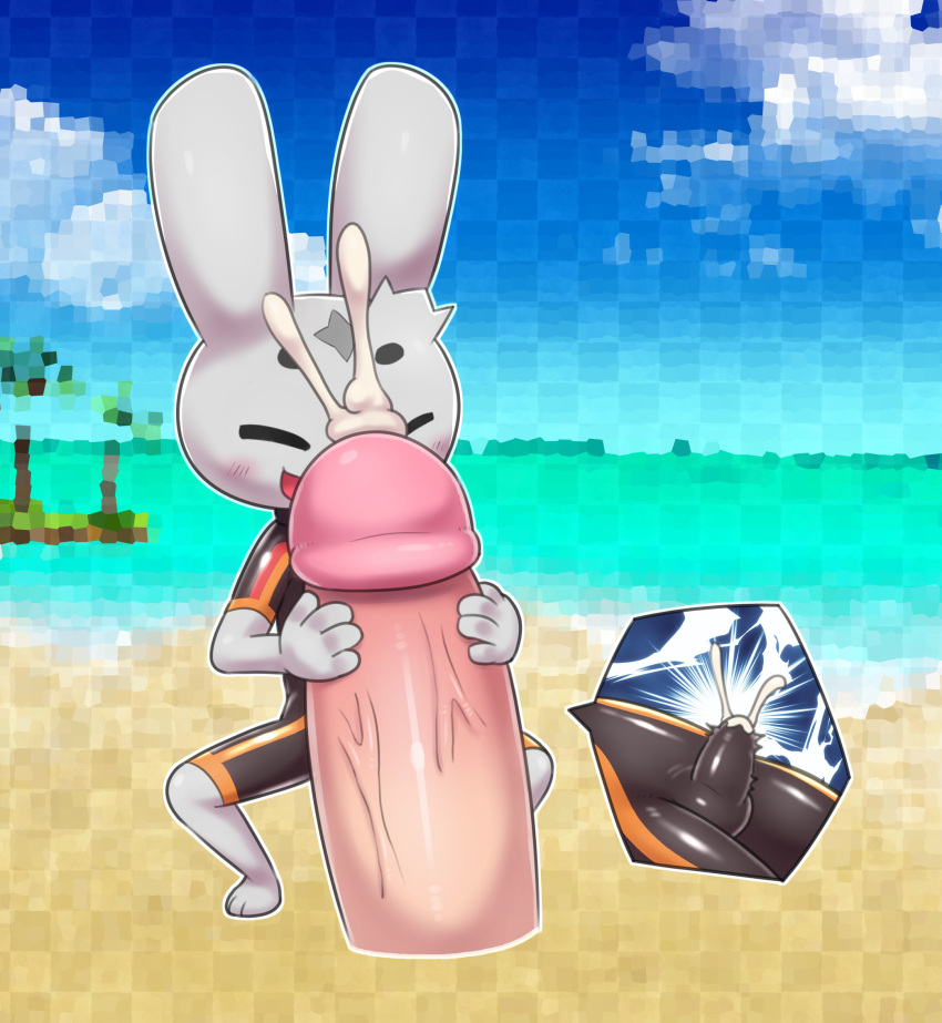 beach blush blush_lines bodily_fluids bulge clothing cum ejaculation genital_fluids genitals hi_res lagomorph latex leporid male mammal ninjin_(ninjin_clash_of_carrots) ninjin_clash_of_carrots ofuro penis rabbit seaside solo swimwear