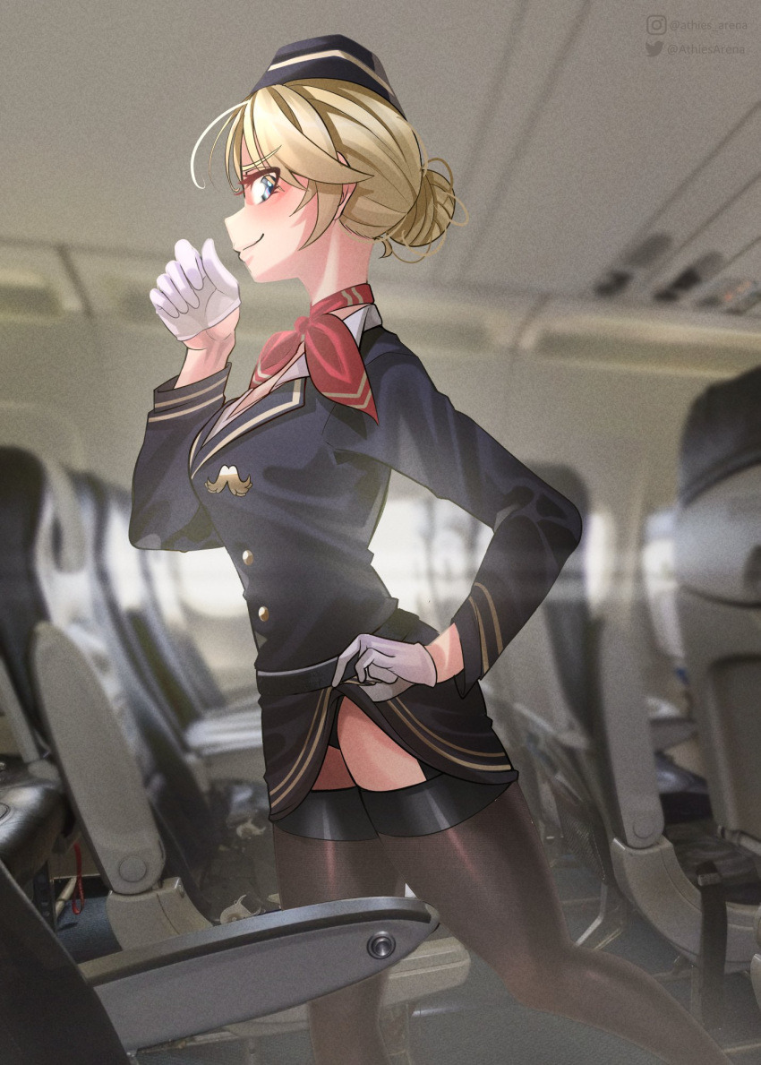 1girl airplane_interior athies bangs blonde_hair blue_eyes blush clothes_lift flight_attendant gloves hair_bun hat highres hololive hololive_english lifted_by_self naughty_face pencil_skirt short_hair single_hair_bun skirt skirt_lift smile thighhighs travel_attendant uniform virtual_youtuber watson_amelia