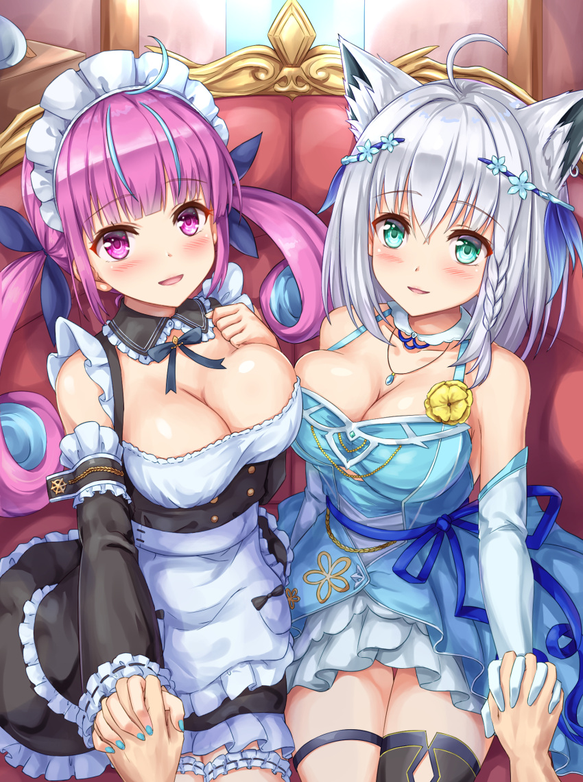 2girls ahoge animal_ear_fluff animal_ears aqua_eyes aqua_nails asymmetrical_docking asymmetrical_legwear bangs bare_shoulders blunt_bangs blush breast_press breasts cleavage detached_collar dress drill_hair elbow_gloves fox_ears frills gloves grey_hair highres holding_hands hololive kyamu_(qqea92z9n) large_breasts long_hair looking_at_viewer maid minato_aqua multicolored_hair multiple_girls purple_eyes purple_hair shirakami_fubuki sitting smile streaked_hair thigh_gap thigh_strap throne twin_drills twintails two-tone_hair virtual_youtuber white_hair zettai_ryouiki