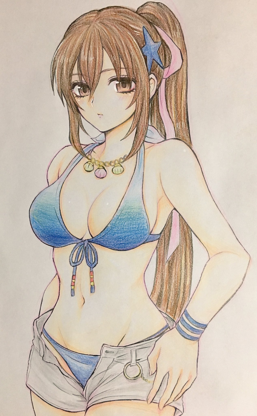 1girl breasts brown_eyes brown_hair closed_mouth denim denim_shorts higemaccho highres jewelry long_hair looking_at_viewer navel necklace ponytail ribbon saionji_reimi shorts simple_background solo star_(symbol) star_ocean star_ocean_anamnesis star_ocean_the_last_hope swimsuit