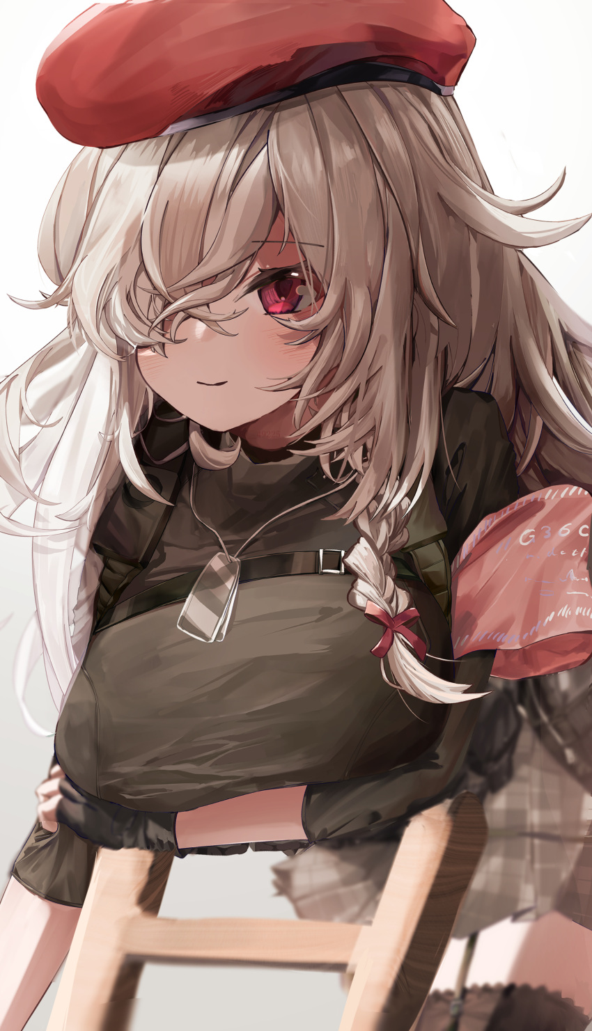 1girl absurdres bangs beret black_gloves black_shirt black_thighhighs blush braid breasts closed_mouth feet_out_of_frame fingerless_gloves g36c_(girls'_frontline) g36c_(red_beret)_(girls'_frontline) garter_straps girls'_frontline gloves grey_hair hair_between_eyes hair_over_one_eye harness hat highres jewelry large_breasts leaning_forward long_hair looking_at_viewer necklace official_alternate_costume plaid plaid_skirt purple_eyes shikihutuka shirt short_sleeves single_braid skirt smile solo standing thighhighs turtleneck upper_body white_background