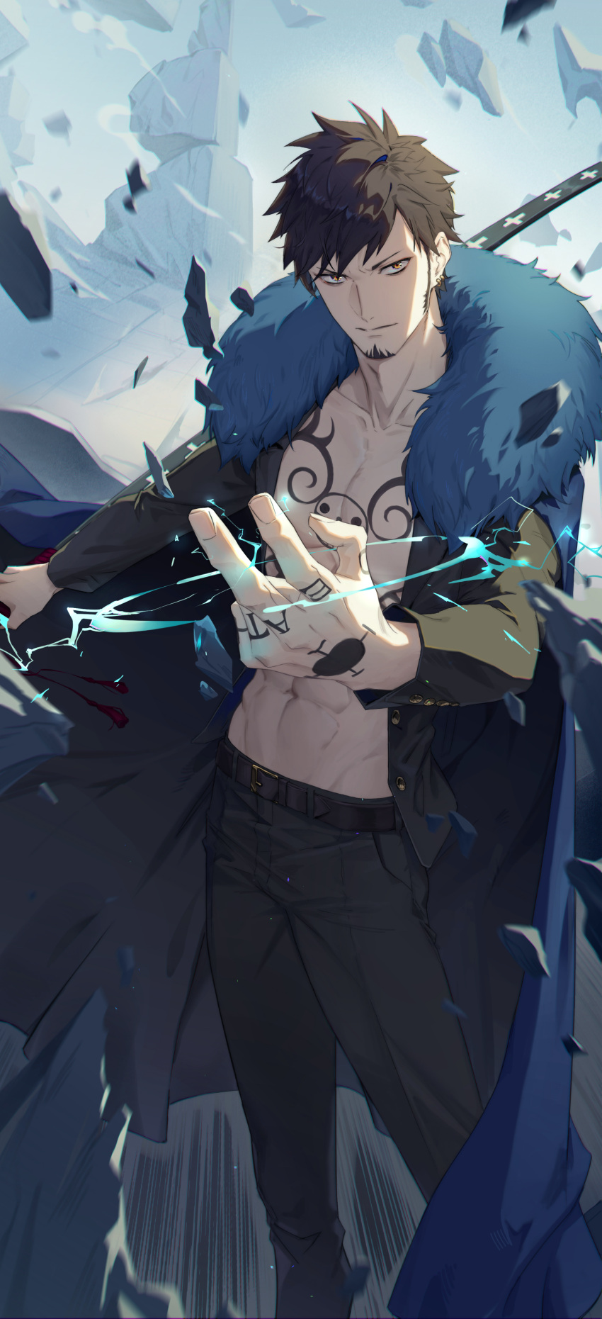 1boy abs absurdres beard belt black_belt black_hair blue_cape blue_light cape day debris facial_hair floating floating_object fur_collar hanamaki hand_up highres holding holding_sword holding_weapon jacket katana long_sideburns looking_at_viewer male_focus one_piece open_clothes open_jacket outdoors sheath sheathed sideburns solo standing stubble sword tattoo trafalgar_law weapon yellow_eyes