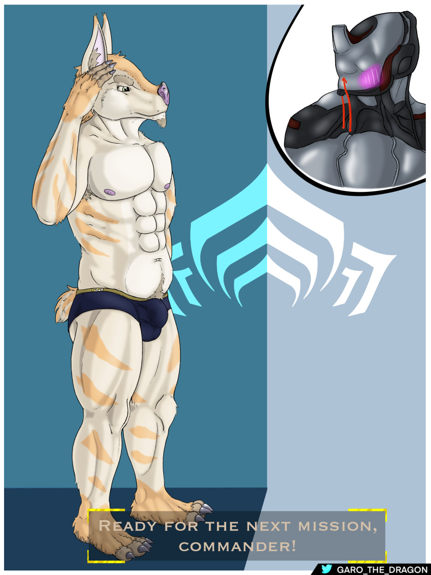 abs absurd_res anthro blood bodily_fluids body_hair bulge claws clothing colored excalibur_(warframe) full-length_portrait fur garo_(artist) happy_trail hi_res kubrow looking_away male muscular navel nipples nosebleed pecs plantigrade portrait short_tail simple_background smile solo standing text underwear video_games warframe