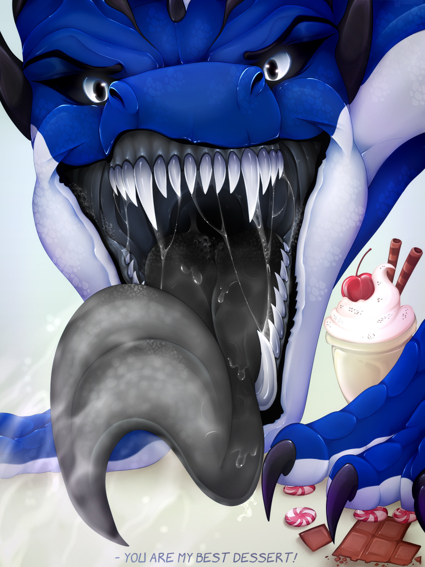 absurd_res black_claws black_tongue blue_body blue_scales bodily_fluids candy chocolate claws dessert dragon fangs feral food front_view glistening glistening_eyes hi_res ice_cream looking_at_viewer mouth_shot open_mouth saliva saliva_on_tongue saliva_string santanahoffman scales solo tongue tongue_out white_body white_eyes white_scales