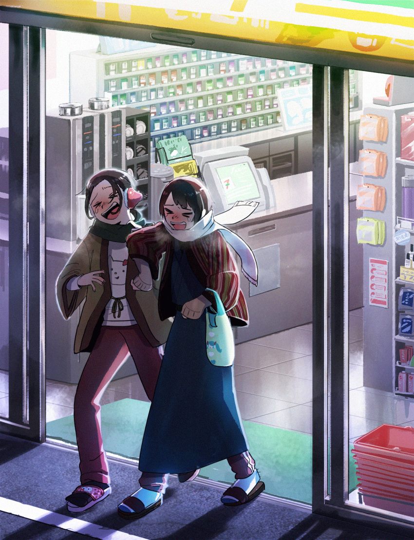 &gt;_&lt; 2boys :d automatic_door axis_powers_hetalia bag black_hair blue_kimono blush brand_name_imitation brown_hair cash_register china_(hetalia) convenience_store door earmuffs elbowing green_scarf hatsune_miku highres japan_(hetalia) japanese_clothes kimono laughing multiple_boys pants pcpc_onaka plastic_bag ponytail red_pants sandals scarf shinatty-chan shirt shop shopping_basket smile vocaloid white_scarf white_shirt xd yukata