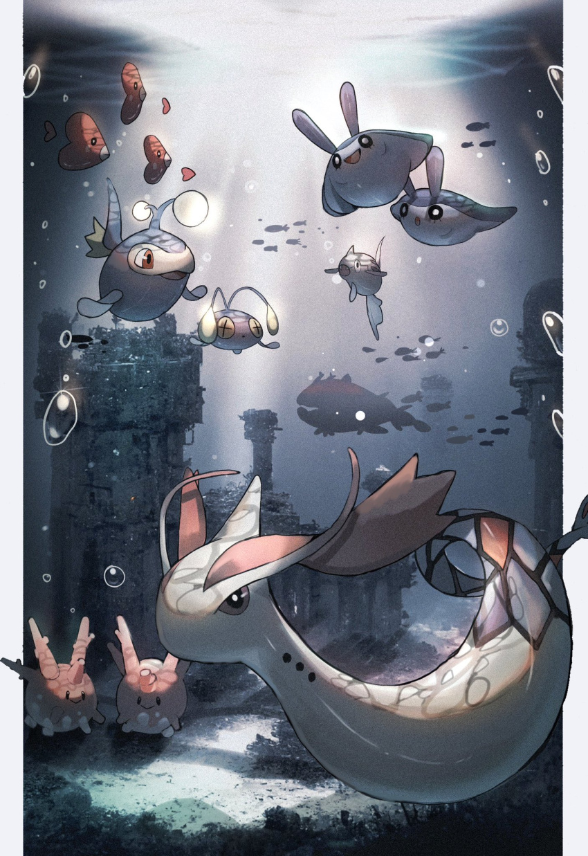 air_bubble bubble castle character_request commentary_request fantasy highres light_rays luvdisc no_humans ocean_bottom open_mouth pokemon pokemon_(creature) reo_(mmocc123) submerged sunbeam sunlight swimming underwater underwater_city water
