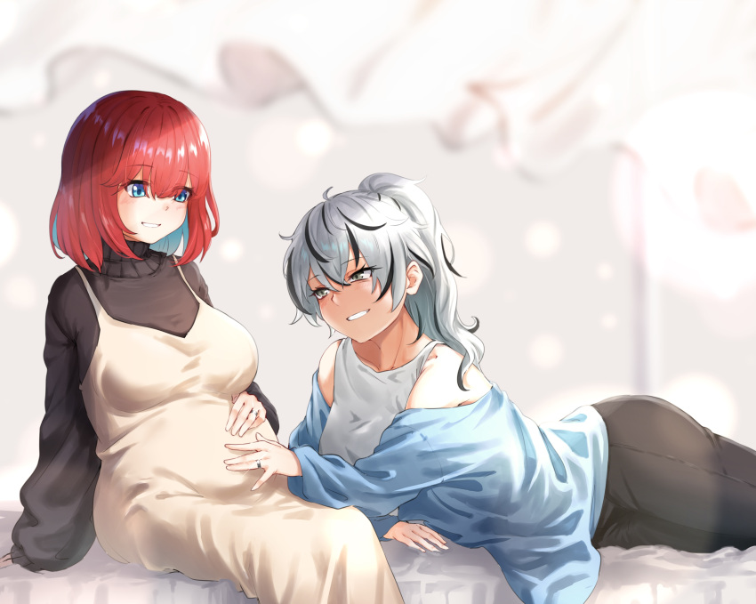 2girls :d absurdres bare_shoulders bed_sheet big_belly black_hair black_pants black_sweater blue_eyes blue_hair blue_jacket blurry blurry_background blush breasts colored_inner_hair depth_of_field dress glint green_eyes grey_hair hand_on_another's_stomach hand_on_own_stomach highres ips_cells jacket jewelry large_breasts long_sleeves m.tokotsu married multicolored_hair multiple_girls off_shoulder on_bed open_clothes open_jacket original pants parted_lips ponytail pregnant red_hair ring shirt short_hair sitting smile streaked_hair sweater tank_top two-tone_hair wedding_ring white_dress white_shirt wife_and_wife yuri