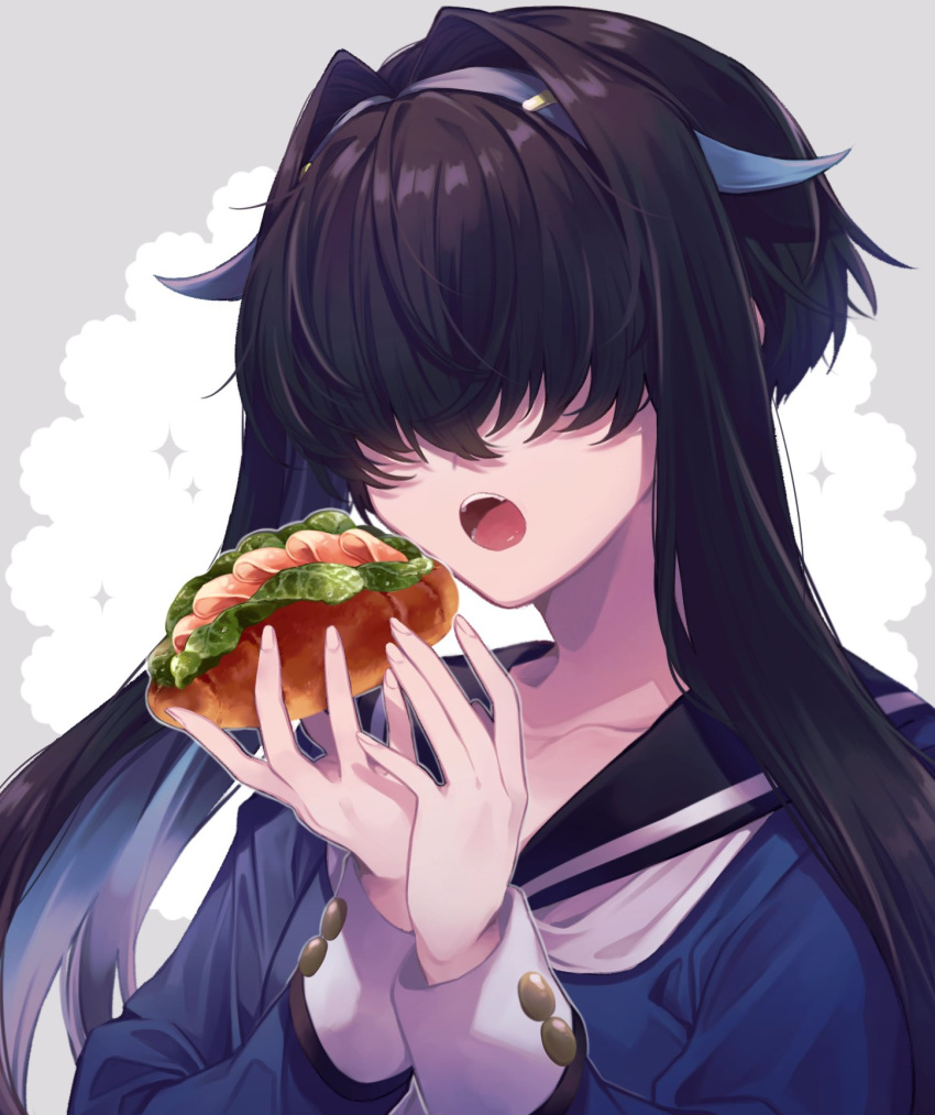 1girl bangs black_sailor_collar blue_hairband blue_serafuku blue_shirt burger collarbone colored_inner_hair commentary_request fingernails food grey_background hair_intakes hair_over_eyes hairband highres holding holding_food komagusa long_bangs long_hair long_sleeves miki_shinobu multicolored_hair open_mouth sailor_collar school_uniform serafuku shadowverse shadowverse_(anime) shirt short_hair short_hair_with_long_locks sidelocks simple_background solo teeth two-tone_hair upper_body white_background