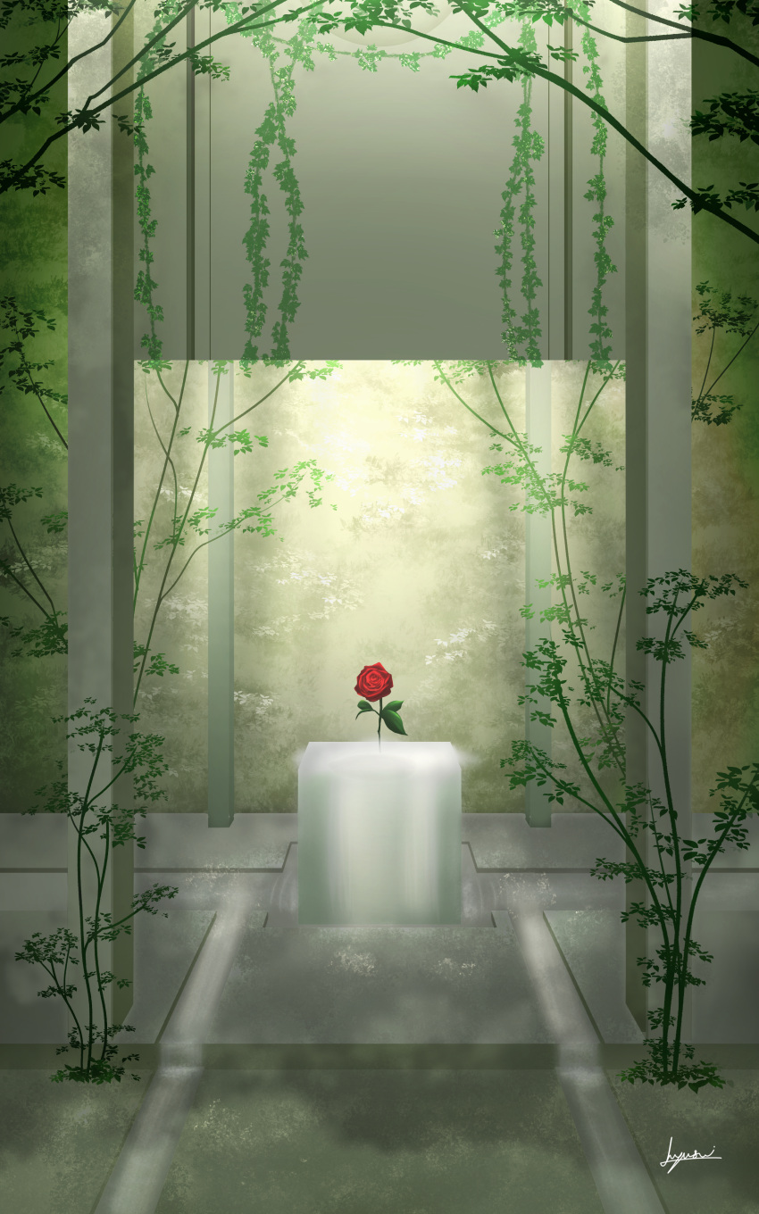 absurdres artist_name day fantasy flower h_yuusui highres light light_rays nature no_humans original outdoors pedestal plant road rose scenery signature spotlight sunlight vines