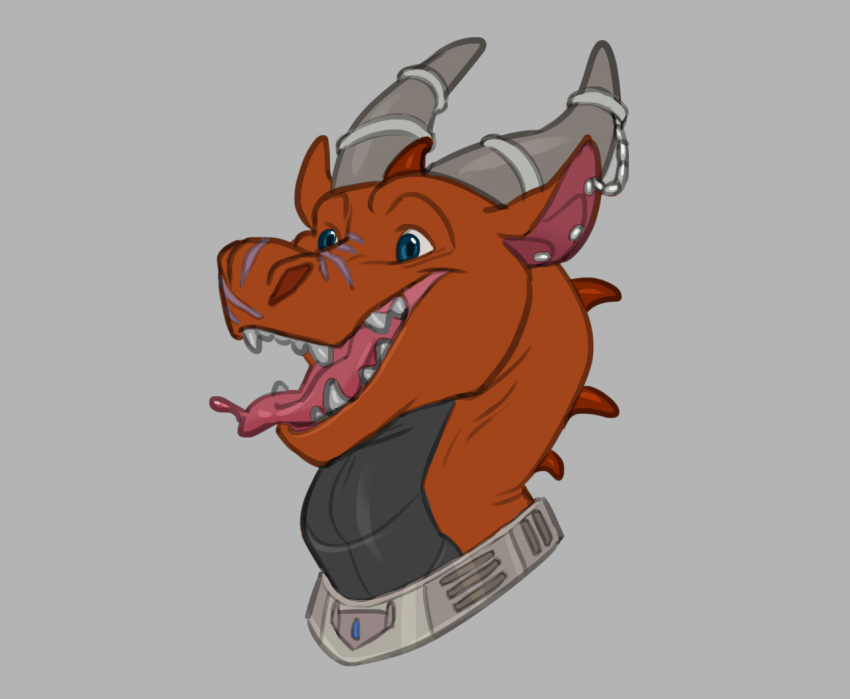 blue_eyes collar control_collar dragon ear_piercing enthusiastic feral greyfuzzbutt happy headshot_portrait horn horn_jewelry horn_ring male metal_collar open_mouth open_smile piercing portrait red_body red_scales ring_(jewelry) scales smile solo tongue tongue_out